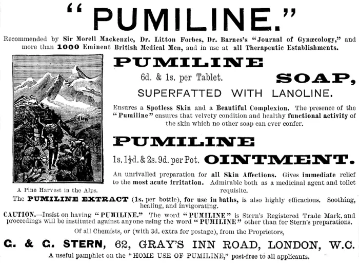 Framed Print : Advertisement for 'Pumiline' Soap and Ointment, 1890. Creator: Unknown Framed Print : Advertisement for 'Pumiline' Soap and Ointment, 1890. Creator: Unknown