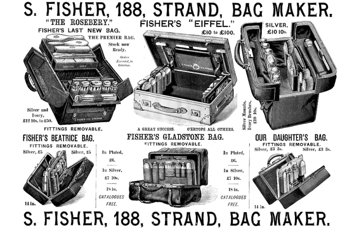 Framed Print : Advertisement for S. Fisher, bag maker, 1895. Creator: Unknown Framed Print : Advertisement for S. Fisher, bag maker, 1895. Creator: Unknown