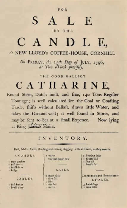 Framed Print : Advertisement of Sale by Candle at Lloyds, 1796, (1928) Framed Print : Advertisement of Sale by Candle at Lloyds, 1796, (1928)