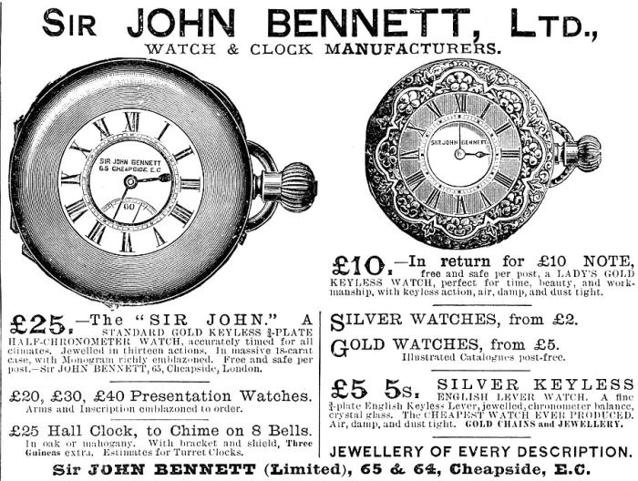 Framed Print : Advertisement for Sir John Bennett, Watch & Clock Manufacturers, 1890. Creator: Unknown Framed Print : Advertisement for Sir John Bennett, Watch & Clock Manufacturers, 1890. Creator: Unknown