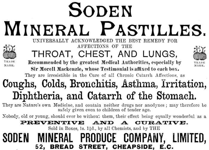 Framed Print : Advertisement for SODEN Mineral Pastilles, 1890. Creator: Unknown