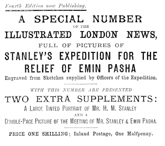 Framed Print : Advertisement for Special Number, pictures of Stanley's Exped.n for the Relief of Emin Pasha, 1890. Creator: Unknown Framed Print : Advertisement for Special Number, pictures of Stanley's Exped.n for the Relief of Emin Pasha, 1890. Creator: Unknown