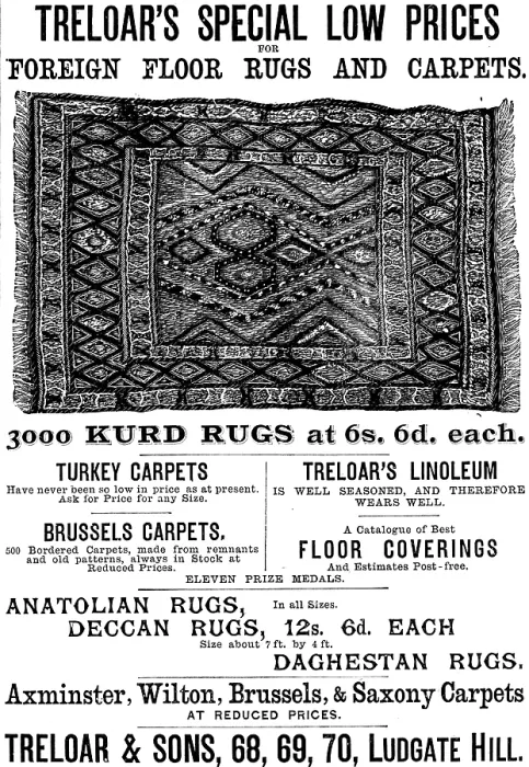 Framed Print : Advertisement for Treloar's Foreign Floor Rugs and Carpets, 1890. Creator: Unknown Framed Print : Advertisement for Treloar's Foreign Floor Rugs and Carpets, 1890. Creator: Unknown