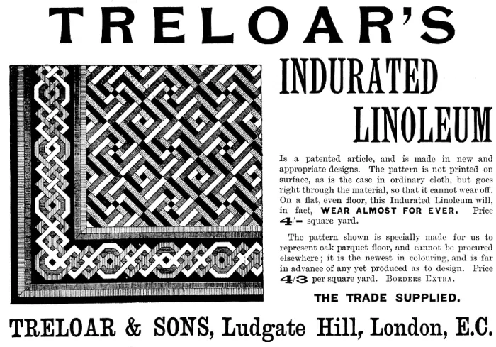 Framed Print : Advertisement for Treloar's Indurated Linoleum, 1895. Creator: Unknown. Advertisement for Treloar's Indurated Linoleum, 1895. Creator: Unknown Framed Print : Advertisement for Treloar's Indurated Linoleum, 1895. Creator: Unknown. Advertisement for Treloar's Indurated Linoleum, 1895. Creator: Unknown