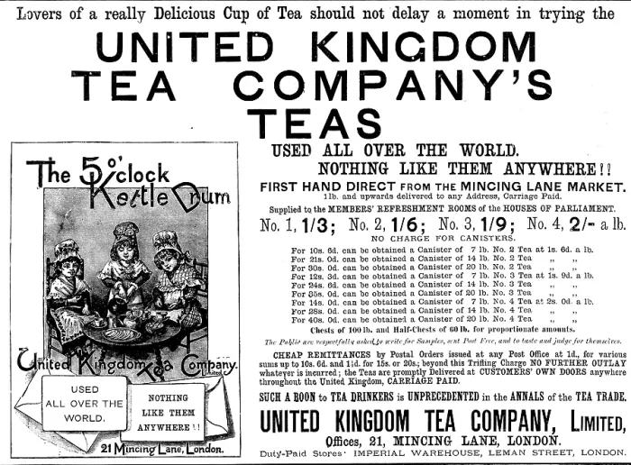 Framed Print : Advertisement for United Kingdom Tea Company's Teas, 1890. Creator: Unknown Framed Print : Advertisement for United Kingdom Tea Company's Teas, 1890. Creator: Unknown