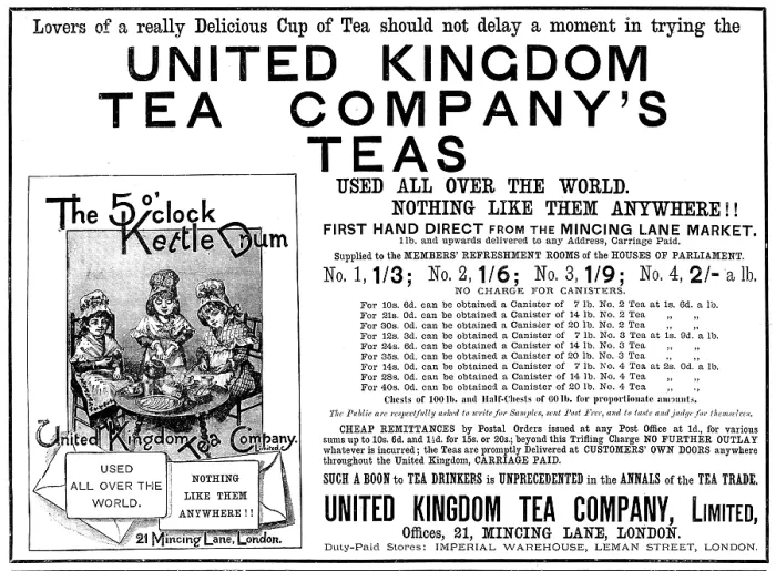 Framed Print : Advertisement for United Kingdom Tea Company's Teas, 1890. Creator: Unknown Framed Print : Advertisement for United Kingdom Tea Company's Teas, 1890. Creator: Unknown