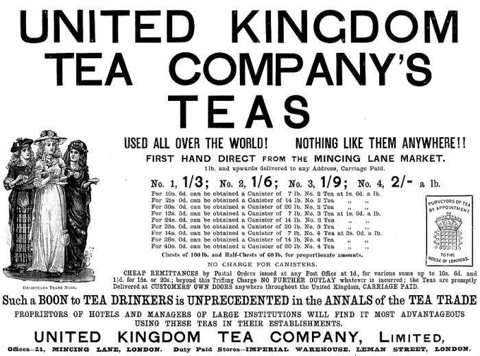 Framed Print : Advertisement for United Kingdom Tea Company's Teas, 1890. Creator: Unknown Framed Print : Advertisement for United Kingdom Tea Company's Teas, 1890. Creator: Unknown
