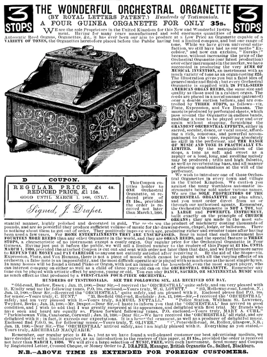 Framed Print : Advertisement for the Wonderful Orchestral Organette, 1890. Creator: Unknown Framed Print : Advertisement for the Wonderful Orchestral Organette, 1890. Creator: Unknown