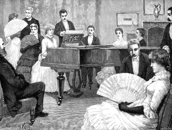 Framed Print : Adair, standing beside Sophy at the piano, ...had no cause to find fault with Fortune, 1883. Creator: R. Taylor Framed Print : Adair, standing beside Sophy at the piano, ...had no cause to find fault with Fortune, 1883. Creator: R. Taylor
