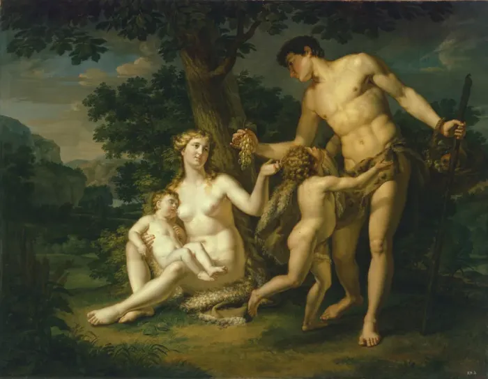 Framed Print : Adam and Eve with Children Under A Tree, 1803. Artist: Ivanov, Andrei Ivanovich (1775-1848)