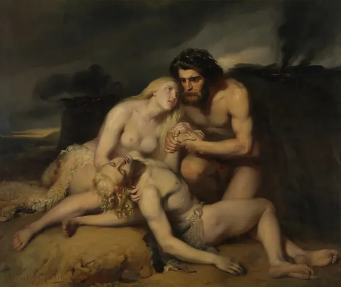 Framed Print : Adam and Eve Discover the Dead Body of Abel, 1843. Creator: Edward Dujardin