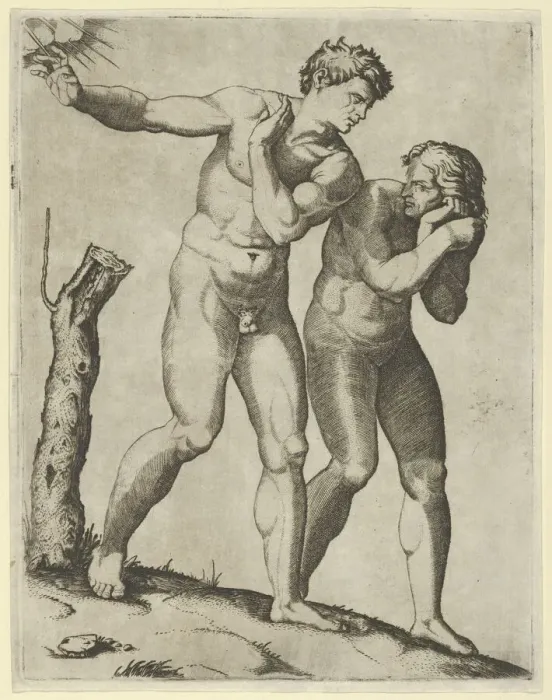 Framed Print : Adam and Eve being expelled from paradise, ca. 1515-25. Creator: Marcantonio Raimondi Framed Print : Adam and Eve being expelled from paradise, ca. 1515-25. Creator: Marcantonio Raimondi