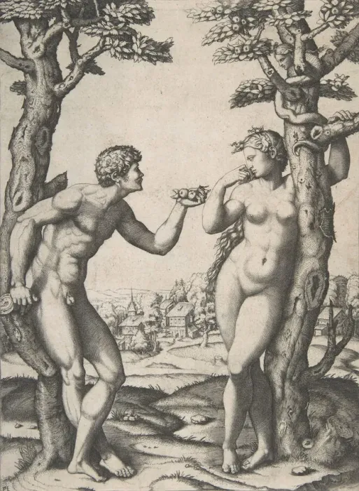 Framed Print : Adam and Eve flanked by two trees, a town in the background, ca. 1512-14. Creator: Marcantonio Raimondi Framed Print : Adam and Eve flanked by two trees, a town in the background, ca. 1512-14. Creator: Marcantonio Raimondi