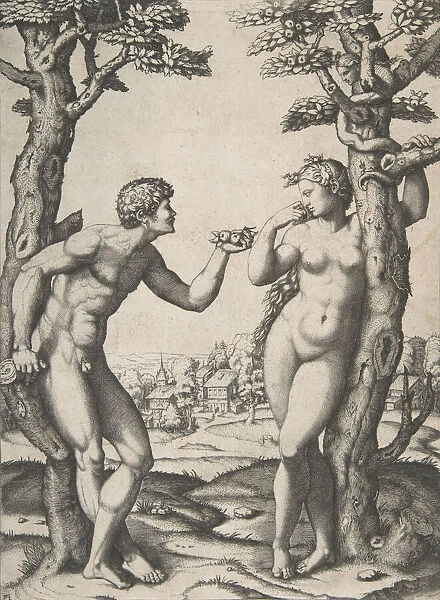 Adam and Eve flanked by two trees, a town in the background, ca. 1512-14. Creator: Marcantonio Raimondi