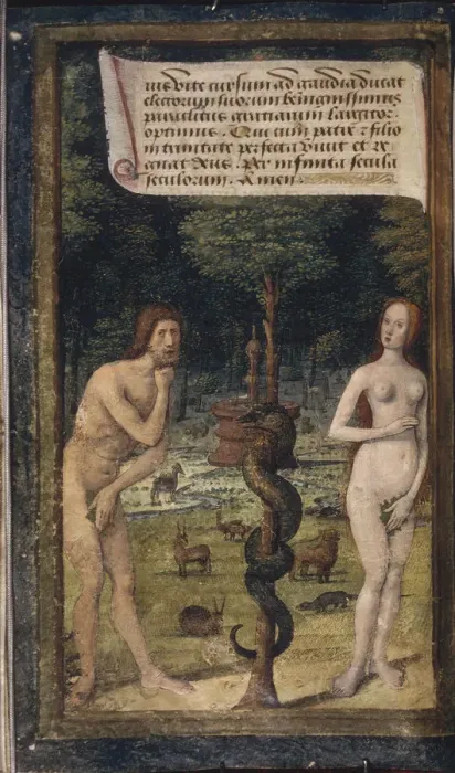 Framed Print : Adam and Eve (from Lettres batardes), ca 1490-1510. Artist: Poyet, Jean (active 1483-1497) Framed Print : Adam and Eve (from Lettres batardes), ca 1490-1510. Artist: Poyet, Jean (active 1483-1497)