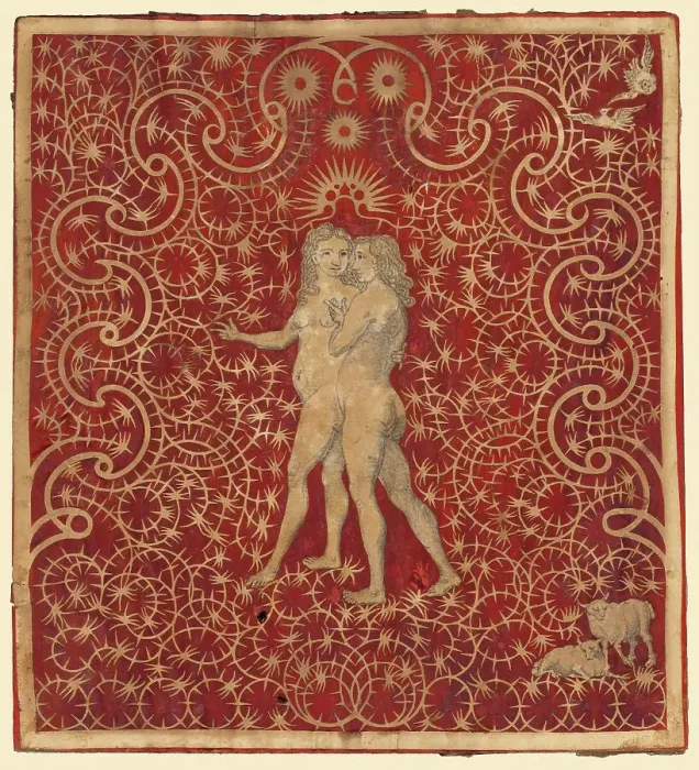 Framed Print : Adam and Eve in the Garden with a Pair of Sheep and a Pair of Doves, 1780s?. Creator: Unknown Framed Print : Adam and Eve in the Garden with a Pair of Sheep and a Pair of Doves, 1780s?. Creator: Unknown