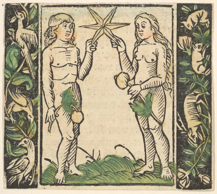 Framed Print : Adam and Eve Holding a Star, illustration from Beschlossen Gart des Rosenkranz Mariae Framed Print : Adam and Eve Holding a Star, illustration from Beschlossen Gart des Rosenkranz Mariae
