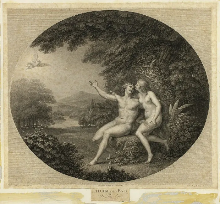 Framed Print : Adam and Eve in Paradise, n.d. Creators: Francesco Bartolozzi, Benjamin Thomas Pouncy, William Byrne Framed Print : Adam and Eve in Paradise, n.d. Creators: Francesco Bartolozzi, Benjamin Thomas Pouncy, William Byrne