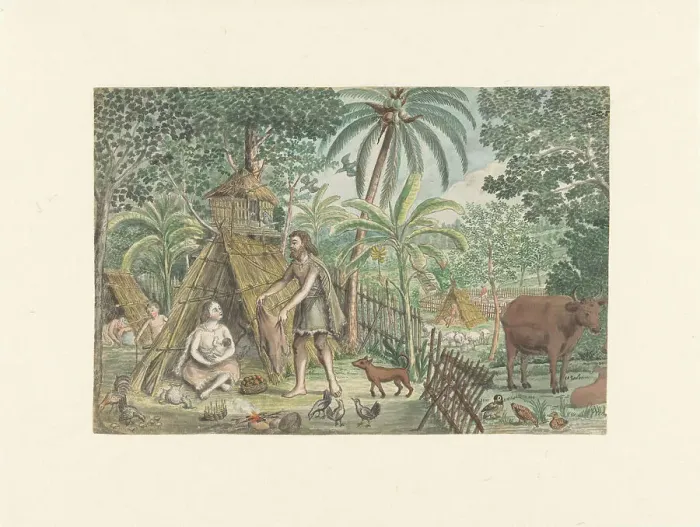 Framed Print : Adam and Eve in a utopian village scene, 1779-1785. Creator: Jan Brandes Framed Print : Adam and Eve in a utopian village scene, 1779-1785. Creator: Jan Brandes