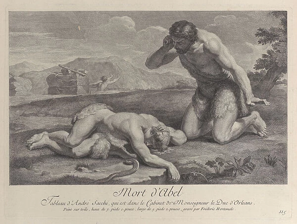 Adam kneels in grief beside the body of Abel, while Cain flees in the background, ca