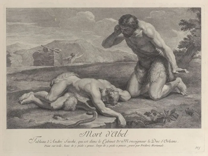 Framed Print : Adam kneels in grief beside the body of Abel, while Cain flees in the background, ca Framed Print : Adam kneels in grief beside the body of Abel, while Cain flees in the background, ca