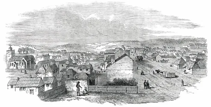 Framed Print : Adelaide, South Australia - from Hindley-Street, 1850. Creator: Unknown Framed Print : Adelaide, South Australia - from Hindley-Street, 1850. Creator: Unknown