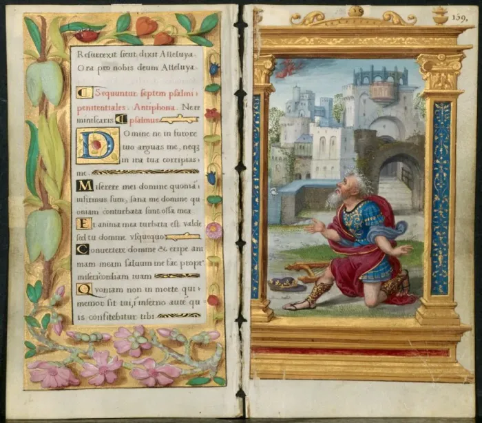 Framed Print : Adjoining Leaves from a Book of Hours: Penitential Psalms and King David in Prayer Framed Print : Adjoining Leaves from a Book of Hours: Penitential Psalms and King David in Prayer