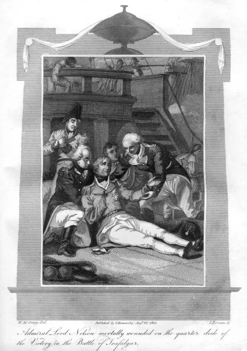 Framed Print : Admiral Nelson lying mortally wounded on the quarter deck of HMS Victory, 1816. Artist: I Brown Framed Print : Admiral Nelson lying mortally wounded on the quarter deck of HMS Victory, 1816. Artist: I Brown