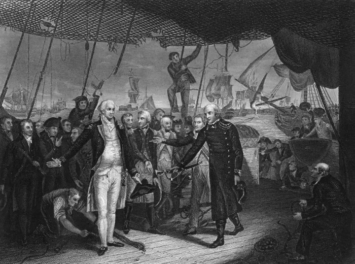 Framed Print : Admiral de Winter resigning his sword on board the Venerable, 11 October 1797 (c1857). Artist: H Lemon Framed Print : Admiral de Winter resigning his sword on board the Venerable, 11 October 1797 (c1857). Artist: H Lemon