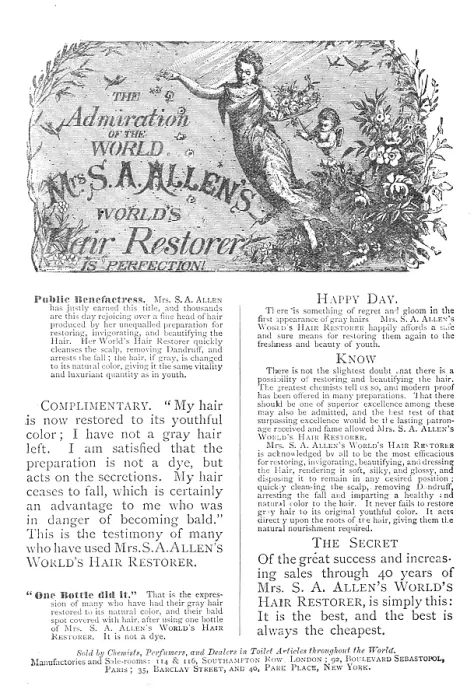 Framed Print : The Admiration of the World: Mrs. S. A. Allen's World's Hair Restorer is Perfection!, 1883. Creator: Unknown. The Admiration of the World: Mrs. S. A Framed Print : The Admiration of the World: Mrs. S. A. Allen's World's Hair Restorer is Perfection!, 1883. Creator: Unknown. The Admiration of the World: Mrs. S. A