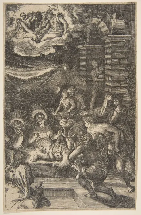Framed Print : Adoration, ca. 1550-65. Creator: Giulio Bonasone Framed Print : Adoration, ca. 1550-65. Creator: Giulio Bonasone