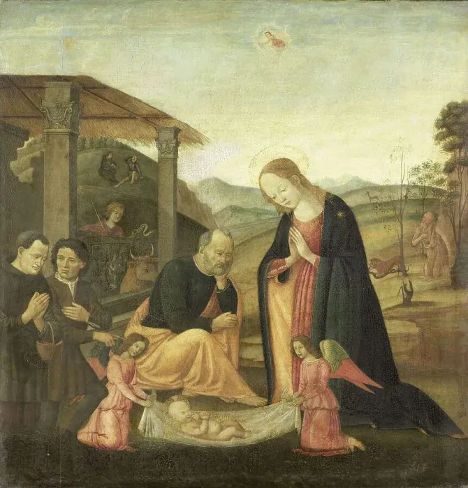 Framed Print : Adoration of the Christ Child, 1485-1520. Creator: Circle of Jacopo del Sellaio Framed Print : Adoration of the Christ Child, 1485-1520. Creator: Circle of Jacopo del Sellaio
