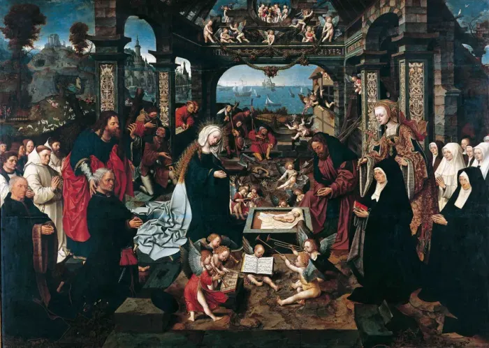 Framed Print : The Adoration of the Christ Child with the Boelen Family. Artist: Cornelisz van Oostsanen, Jacob (ca. 1470-1533) Framed Print : The Adoration of the Christ Child with the Boelen Family. Artist: Cornelisz van Oostsanen, Jacob (ca. 1470-1533)