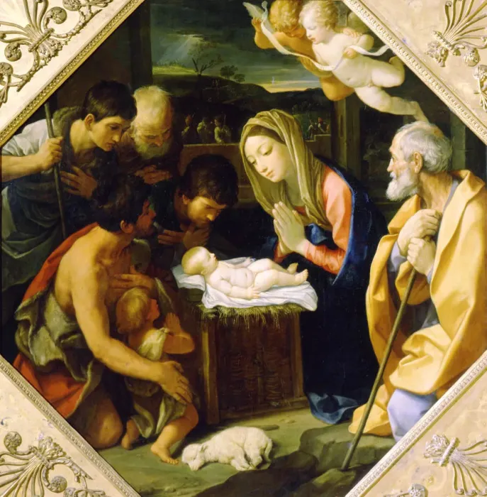 Framed Print : The Adoration of the Christ Child, c1640. Artist: Guido Reni Framed Print : The Adoration of the Christ Child, c1640. Artist: Guido Reni