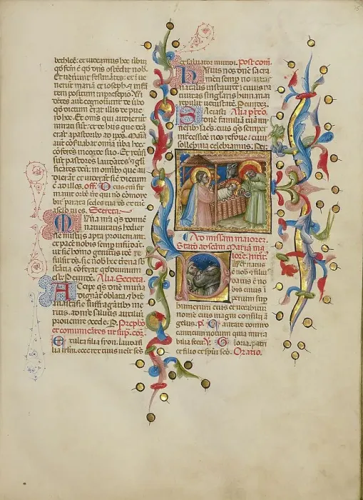Framed Print : The Adoration of the Christ Child: Initial P: Two Shepherds; Missal, between about 1389 and 1400. Creator: Master of the Brussels Initials Framed Print : The Adoration of the Christ Child: Initial P: Two Shepherds; Missal, between about 1389 and 1400. Creator: Master of the Brussels Initials