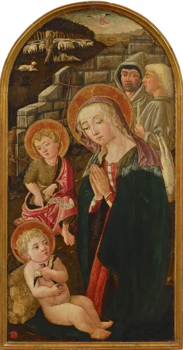 Framed Print : The Adoration of the Christ Child with Shepherds and Saint John the Baptist, 2nd Half of 15th cen. Creator: Domenico di Zanobi, (Master of the Johnson Nativity) (active ca 1460-1499) Framed Print : The Adoration of the Christ Child with Shepherds and Saint John the Baptist, 2nd Half of 15th cen. Creator: Domenico di Zanobi, (Master of the Johnson Nativity) (active ca 1460-1499)