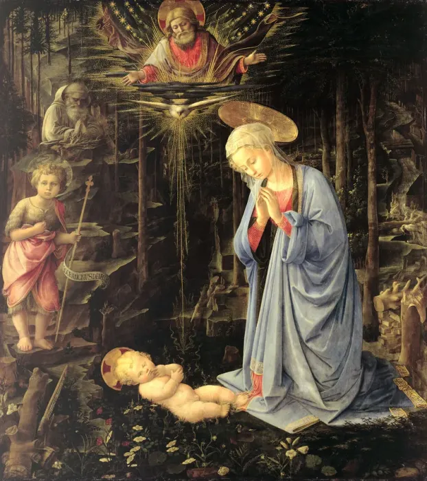 Framed Print : The Adoration in the Forest, 1459. Artist: Lippi, Fra Filippo (1406-1469) Framed Print : The Adoration in the Forest, 1459. Artist: Lippi, Fra Filippo (1406-1469)