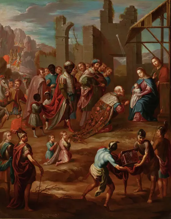 Framed Print : The Adoration of the Kings with Donor (La adoración de los reyes con donante), 1741. Creator: Nicolás Enríquez Framed Print : The Adoration of the Kings with Donor (La adoración de los reyes con donante), 1741. Creator: Nicolás Enríquez