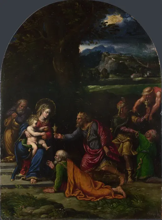 Framed Print : The Adoration of the Magi, Between 1543 and 1552. Creator: Girolamo da Carpi (Girolamo Sellari) (1501-1556) Framed Print : The Adoration of the Magi, Between 1543 and 1552. Creator: Girolamo da Carpi (Girolamo Sellari) (1501-1556)