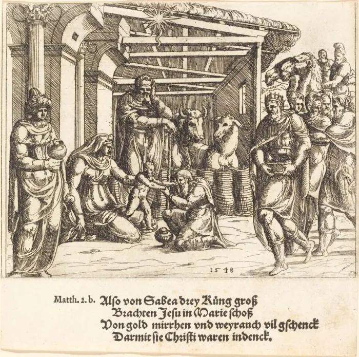 Framed Print : The Adoration of the Magi, 1548. Creator: Augustin Hirschvogel Framed Print : The Adoration of the Magi, 1548. Creator: Augustin Hirschvogel