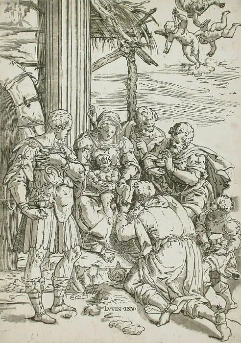 Framed Print : Adoration of the Magi, between 1580 and 1610. Creator: Andrea Andreani