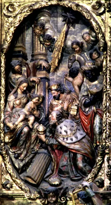 Framed Print : Adoration of the Magi, detail of the altarpiece in the church of Santa Maria of Arenys de Mar Framed Print : Adoration of the Magi, detail of the altarpiece in the church of Santa Maria of Arenys de Mar