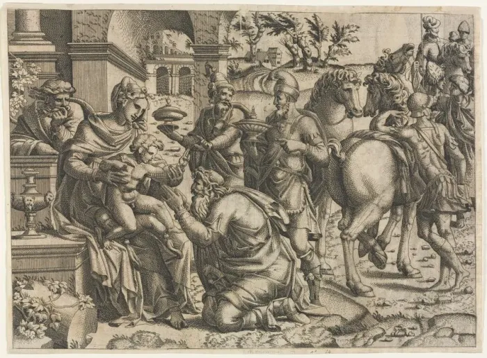 Framed Print : The Adoration of the Magi, c. 1545. Creator: Jean Mignon (French) Framed Print : The Adoration of the Magi, c. 1545. Creator: Jean Mignon (French)