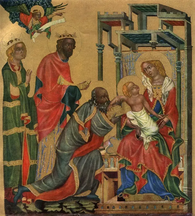 Framed Print : The Adoration of the Magi, c1350 (1955). Artist: Master of the Vyssi Brod Altar Framed Print : The Adoration of the Magi, c1350 (1955). Artist: Master of the Vyssi Brod Altar