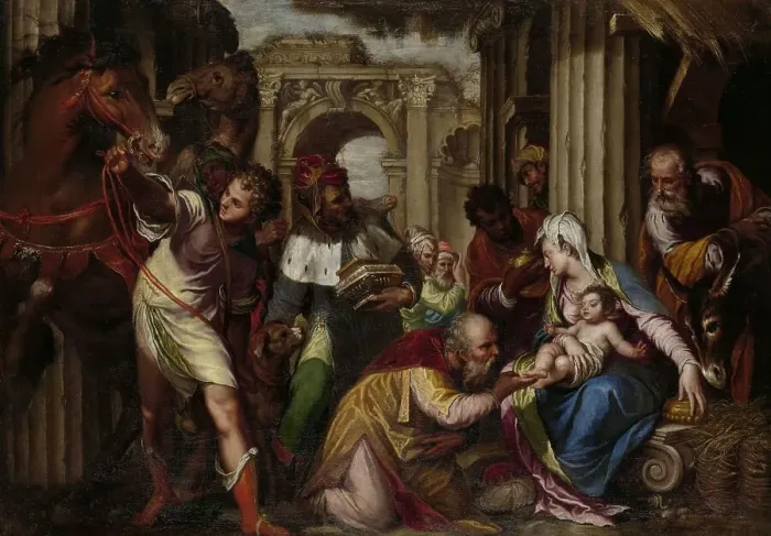 Framed Print : The Adoration of the Magi, c.1585. Creator: Paolo Farinati Framed Print : The Adoration of the Magi, c.1585. Creator: Paolo Farinati