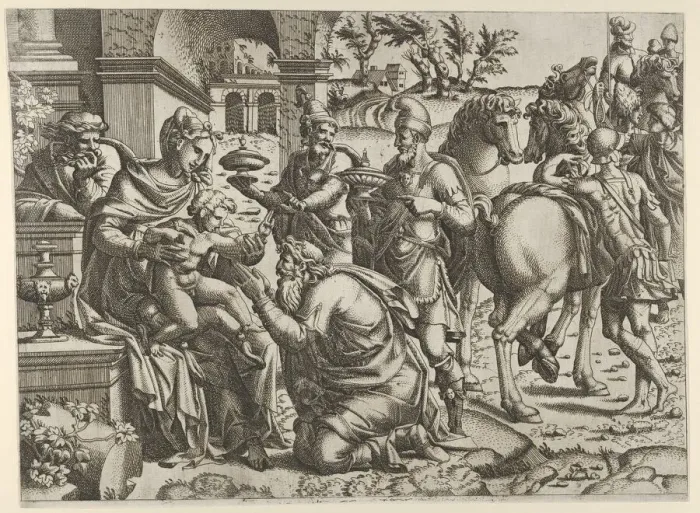 Framed Print : Adoration of the Magi, ca. 1545. Creator: Jean Mignon Framed Print : Adoration of the Magi, ca. 1545. Creator: Jean Mignon