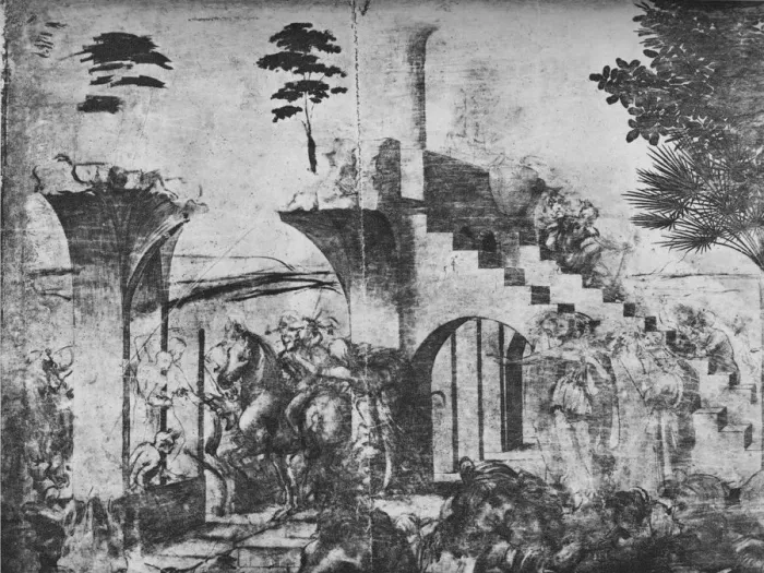 Framed Print : Adoration of the Magi - Horsemen in the middle distance on the left, c1481 (1945). Artist: Leonardo da Vinci Framed Print : Adoration of the Magi - Horsemen in the middle distance on the left, c1481 (1945). Artist: Leonardo da Vinci
