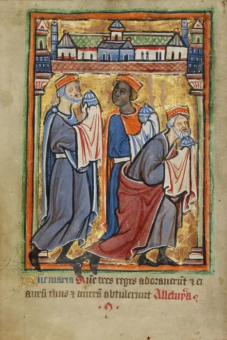 Framed Print : The Adoration of the Magi; Illustrated Vita Christi... about 1190-1200; text added about 1480-1490. Creator: Unknown Framed Print : The Adoration of the Magi; Illustrated Vita Christi... about 1190-1200; text added about 1480-1490. Creator: Unknown