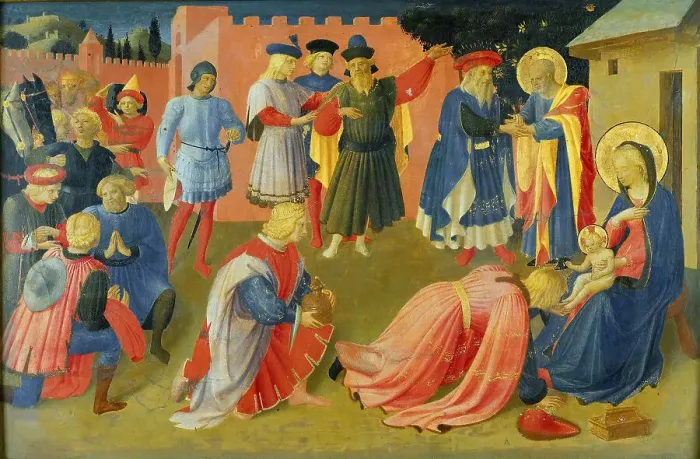 Framed Print : The Adoration of the Magi (Predella of the Tabernacle of the Linaioli), ca. 1433. Creator: Angelico, Fra Giovanni, da Fiesole (ca. 1400-1455) Framed Print : The Adoration of the Magi (Predella of the Tabernacle of the Linaioli), ca. 1433. Creator: Angelico, Fra Giovanni, da Fiesole (ca. 1400-1455)