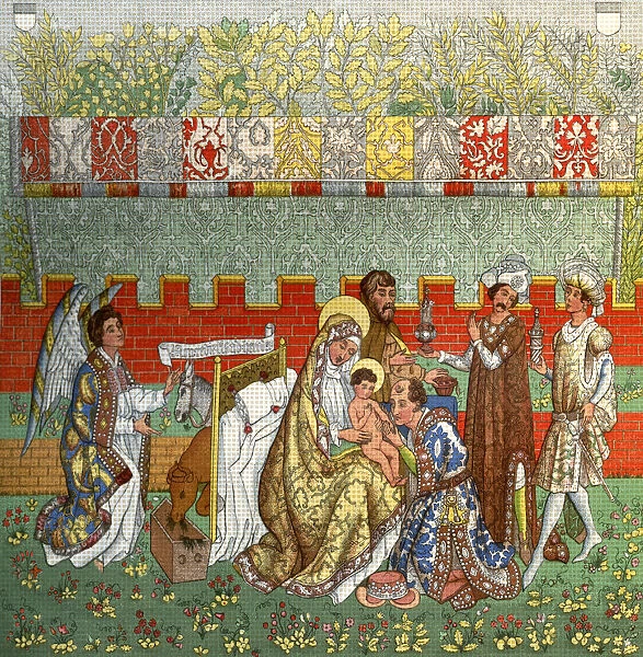 The Adoration of the Magi, the tapestry of Berne, 14th century, (1870)